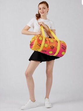 Yellow & Pink Smiley Duffel Bag - Playful Weekend Tote Travel Gym